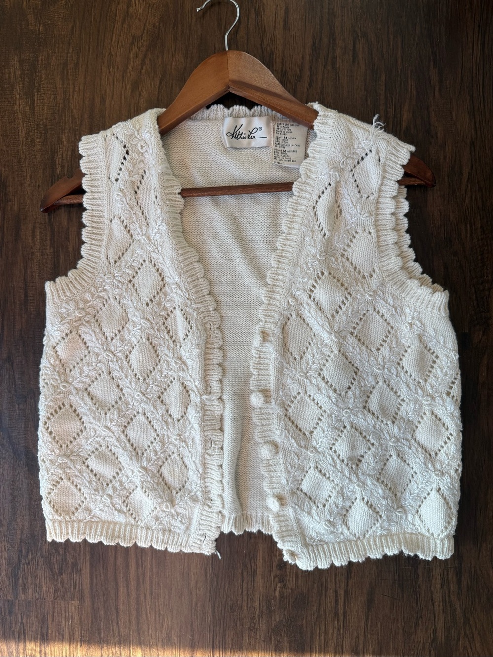Kathie Lee Collection vintage Ivory Open-Front Knit embroidered floral Vest